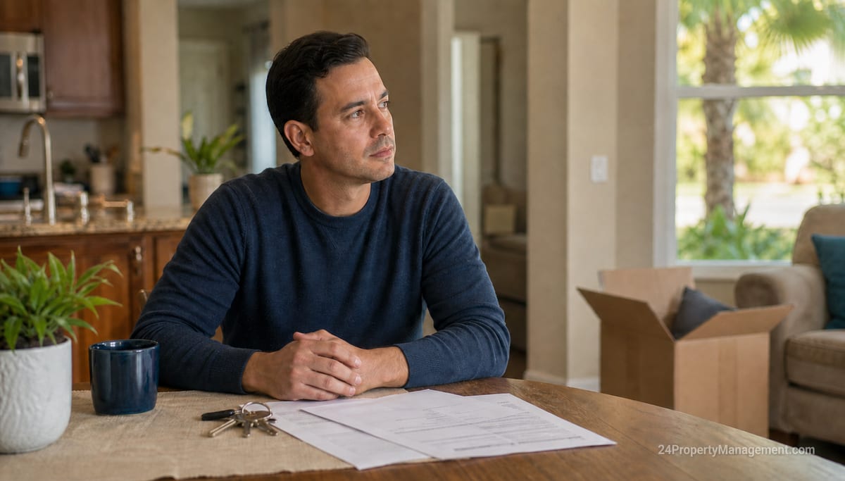A new accidental landlord at his kitchen table with house keys, paperwork, and moving boxes, weighing whether to rent out or sell his Orlando home