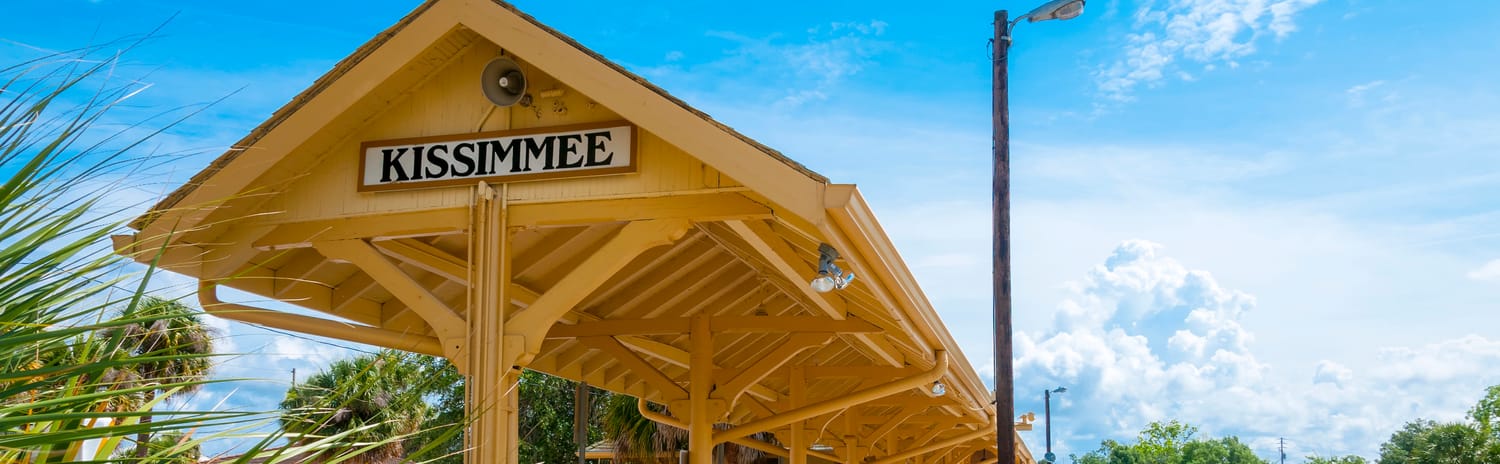 The historic Kissimmee train station platform and its KISSIMMEE sign