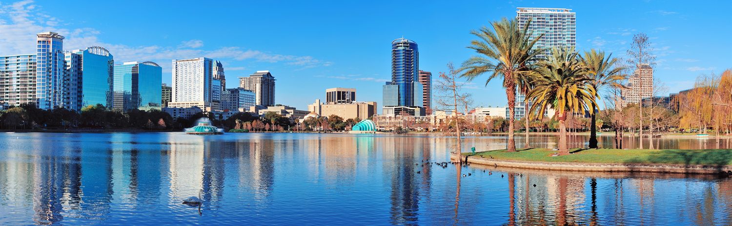 The downtown Orlando skyline seen across Lake Eola