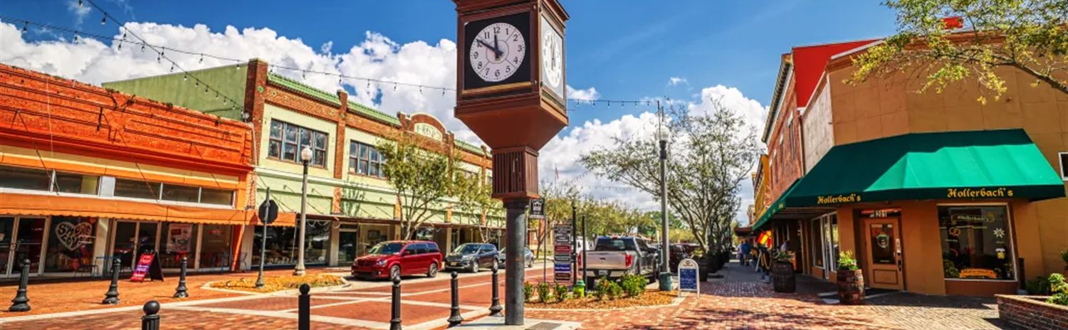 Historic downtown Sanford, Florida, with the First Street clock tower