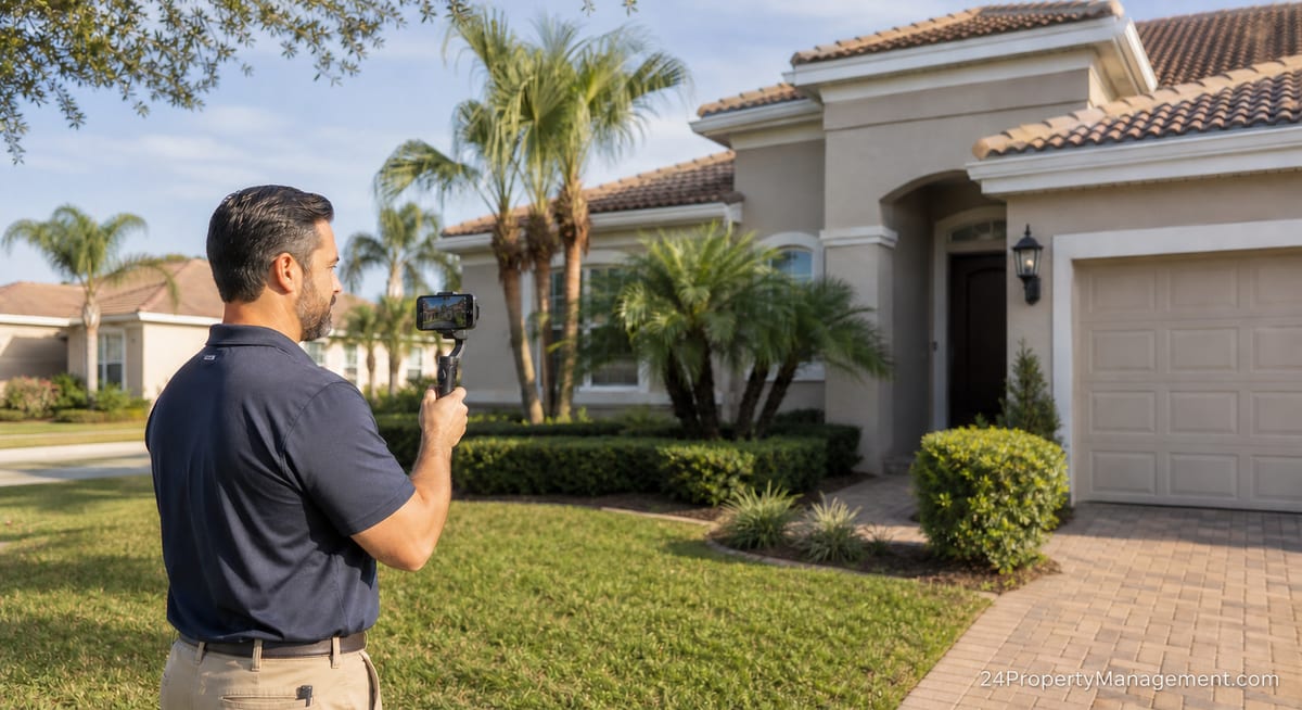 A property manager recording a video walkthrough of an Orlando rental home for its out-of-state owner