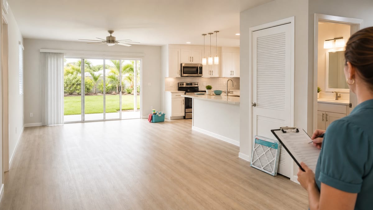 A property manager with a checklist doing a final rent ready walkthrough of a clean, empty Orlando rental home
