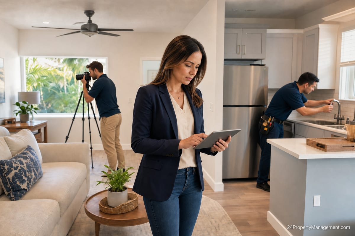 A 24 Property Management property manager reviewing a rental on a tablet while a photographer shoots listing photos and a maintenance technician works on the kitchen faucet